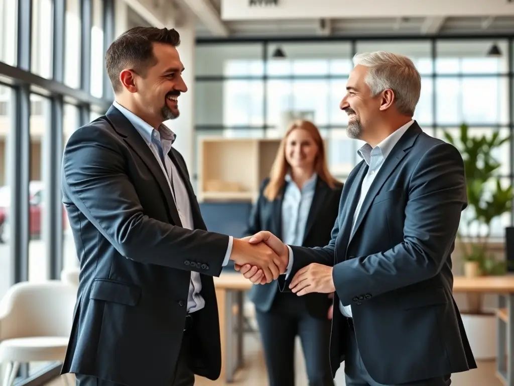An image depicting a handshake between two professionals, representing successful client relationship management and the building of trust and rapport.