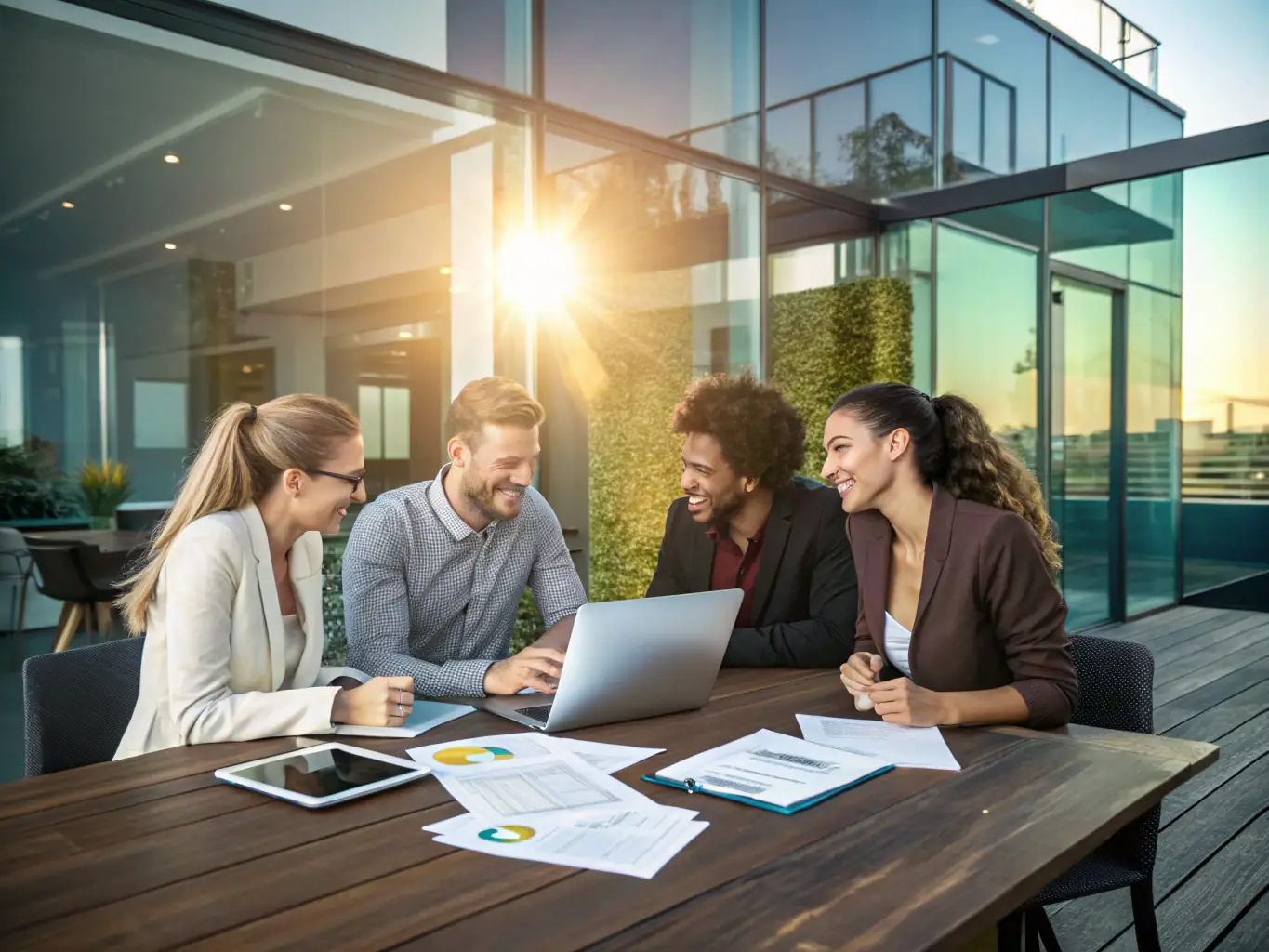 An image depicting a group of diverse professionals collaborating on a project, highlighting teamwork and problem-solving skills.